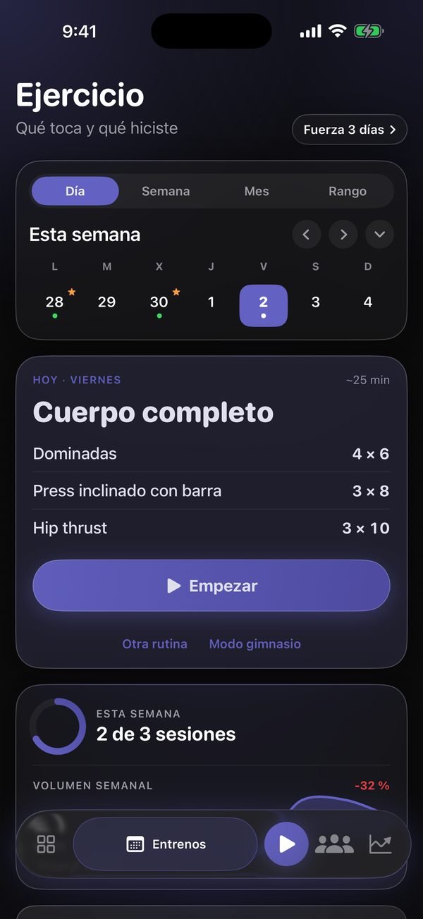 Ejercicio: calendario de entrenos con récords y la rutina de hoy