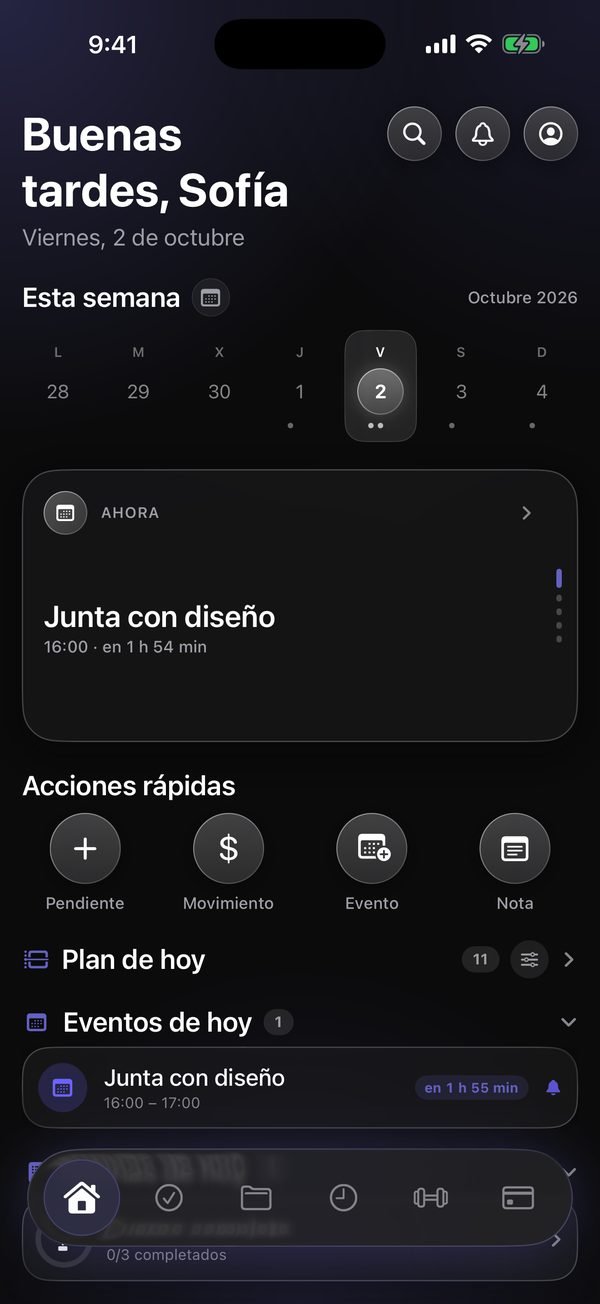 Inicio: lo siguiente que toca, la semana y acciones rápidas