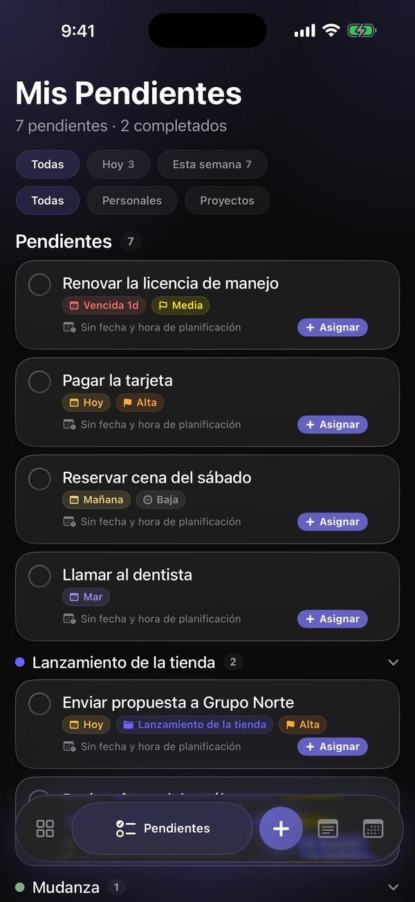 Pendientes con fechas, prioridades y proyectos